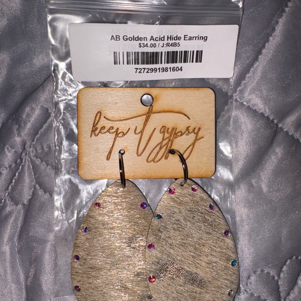 AB Golden Acid Hide Teardrop Earrings in Natural Tan with Multicolor Rhinestones